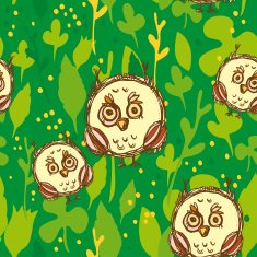 Seamless pattern with funny big-eyed owl green background Vector