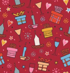 Colorful seamless pattern with gifts candles goblets