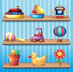 Three wooden shelves with different toys