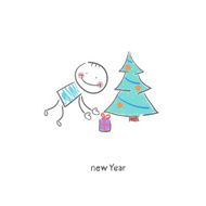 Man put a gift under the Christmas tree Illustration