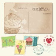 Set of cupcakes on old postcard N3
