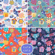 Set of 4 seamless backgrounds with cats and fishes