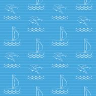 Blue seamless pattern with sailboat and dolphins