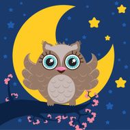 Cute owl sitting on the branch in night sky