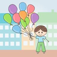 Boy with balloons in city