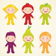 Cute kids in costumes fruit