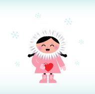 Cute eskimo child holding red heart isolated on white