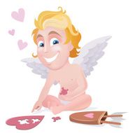 Little blond Cupid collect puzzle in heart shape