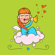 Redheaded angel playing horn with hearts and cloud