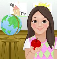 School Girl in classroom handing apple