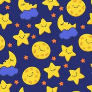 Funny sketching smiling star and sleeping moon Vector seamless pattern