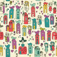 Seamless pattern with girls kids houses birds N2