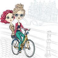 Vector cute girls on the bike in Amsterdam