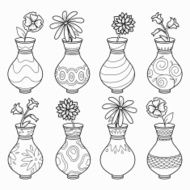 Coloring book (vases with flowers) vector colorless set