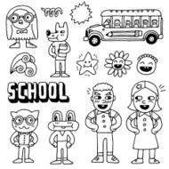 Schoolkids and animals doodle set Hand drawn Vector illustration