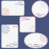 empty frames with hand drawn cartoon fishes and wavy circles