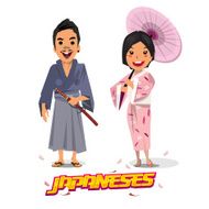 apanese man and women in traditional uniform - vector illustration