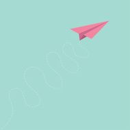 Pink origami paper plane curly dash line track sky Flat