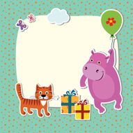 Baby greetings card with cat and hippo