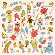 School fantasy creatures animals and kids colorful doodle set