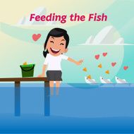 smiley lady are feeding the fish - vector illustration