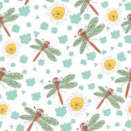 Stylish fun seamless pattern with dragonfly sun clouds Doodles