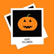 Two instant photos with pumpkin Happy Halloween card Flat design