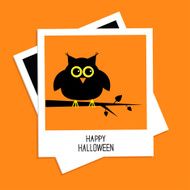 Instant photo with owl Happy Halloween card Flat design