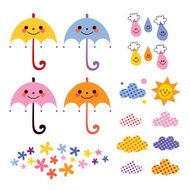 cute umbrellas raindrops flowers clouds design elements set