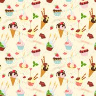 Seamless festive birthday cakes and ice-cream pattern Flat sty N3