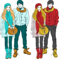 Vector fashion guy and girl in warm clothes