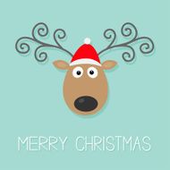 Ð¡artoon deer curly horns and red hat Merry christmas Flat