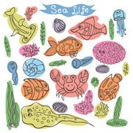 Funny Sea Life Colored outline Doodle set