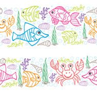Funny Sea Life and Fish Colored Doodle seamless border