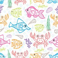 Funny Sea Life and Fish Colored Doodle seamless pattern