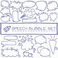 Hand drawn speech bubbles with hearts and clouds blue pen