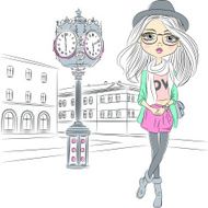 Vector hipster fashion girl near with a big clock