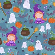 Seamless Halloween pattern with cute witch cat ghosts and bats