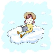 Little girl sitting and reading on a cloud