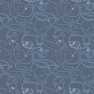 Cute doodle Blue Whales Marine seamless background N2