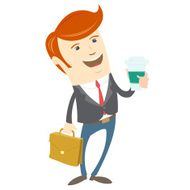 Hipster office man holding coffee and brief case Flat style