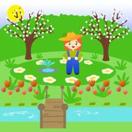 Little gardener in a flower garden