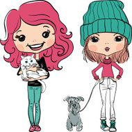 Vector hipster fashion cute girl wit pets