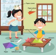 children folding the paper vector with vocabulary