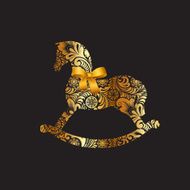 Silhouette of rocking horses with golden frosty winter pattern