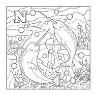 Coloring book (narwhal) colorless illustration (letter N)