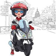Vector cute girl on a scooter in Paris