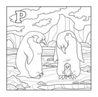 Coloring book (penguin) colorless illustration (letter P)