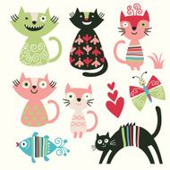 Funny cats of different colors on white background