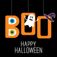 Hanging word BOO with ghost eyeballs witch hat Halloween